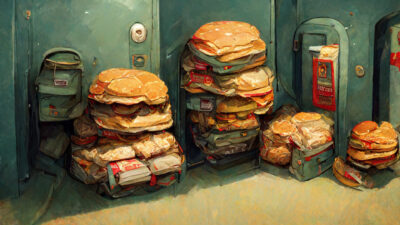 ロッカーにパンパンに詰めたたくさんのハンバーガー