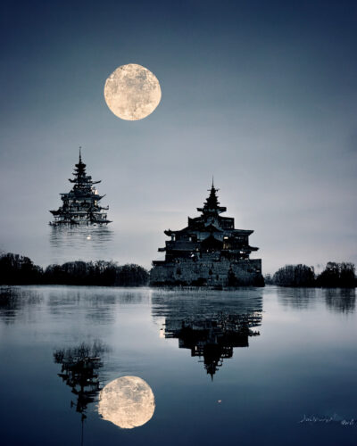 水面に映る城と月