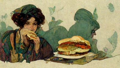 ミュシャ風ハンバーガーを食べる女性