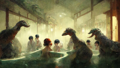 銭湯に入る恐竜の群れ