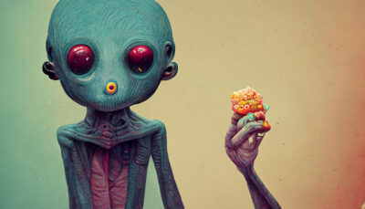 お菓子を食べる宇宙人