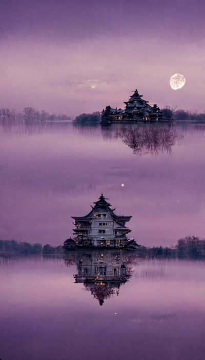 水面に映る日本の城と月