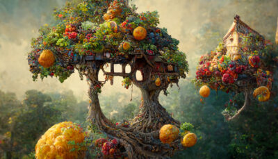 たくさんの果物がなった木にある家