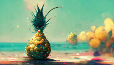 夏の浜辺で踊るパイナップル