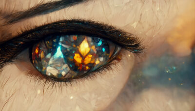 女性の目に映る水晶のような美しい景色