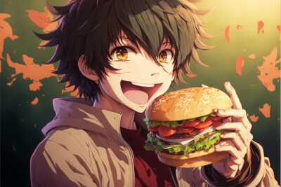 ハンバーガーを食べる少年