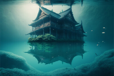 水中から飛び立つ日本の屋敷