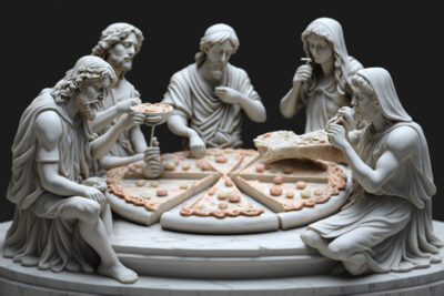 集まってピザを食べる石像