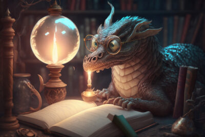 図書館で本を読むドラゴン