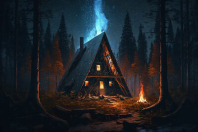 美しい夜空の下、森の小屋で過ごす