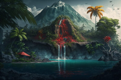 火山と滝のある熱帯の島