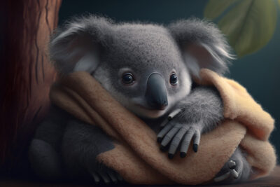 毛布を抱きしめるかわいいコアラ