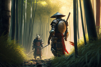竹林で戦う忍者と侍