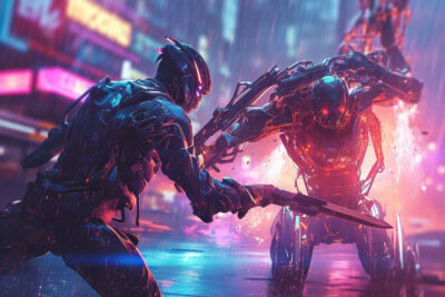 サイボーグ忍者が巨大ロボットがネオンで照らされた街で戦う