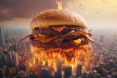 ケチャップとマスタードで街を襲う巨大なハンバーガー