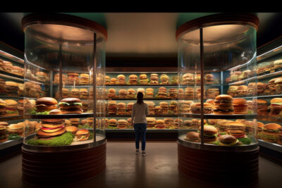 様々な種類やサイズのハンバーガーの展示品があるハンバーガー博物館
