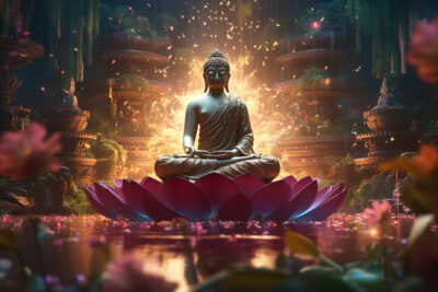 蓮の花の上で瞑想し、物質界を超越する仏陀の形而上学的な場面