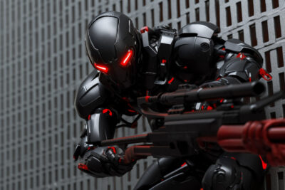 黒い体と赤いアクセントを持つロボット