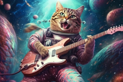 猫が宇宙でギターを弾くサイケデリックな場面