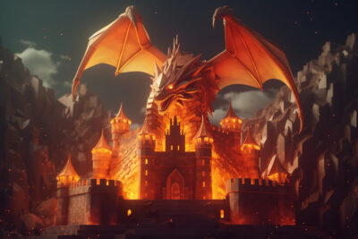騎士や兵士に囲まれたポリゴナルな城に火を吹くポリゴナルなドラゴン