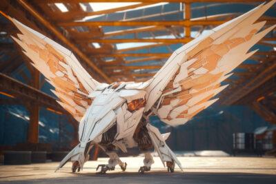 翼に太陽電池パネルをつけた巨大な折り紙の鶴のように見えるロボット