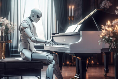 エレガントなロボットが上品なラウンジでピアノを弾く