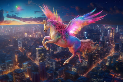 夜の東京の街並みの上を飛ぶ、虹色のユニコーン