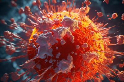 ウイルスが人間の細胞に感染する様子を顕微鏡で見たような画像
